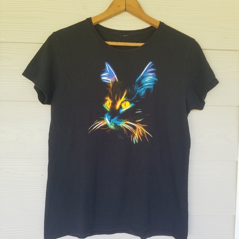 Womens Cat Tee Shirt Neon Colorful Design S/M Cat Lovers Fun Novelty T- Shirt